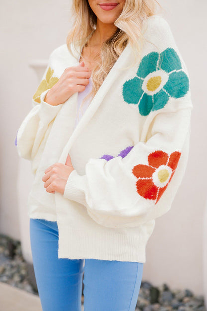 Witte bloem jacquard open vest met bubbelmouwen