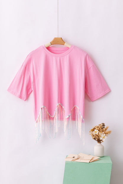 Roze cropped T-shirt met pailletten en franjes