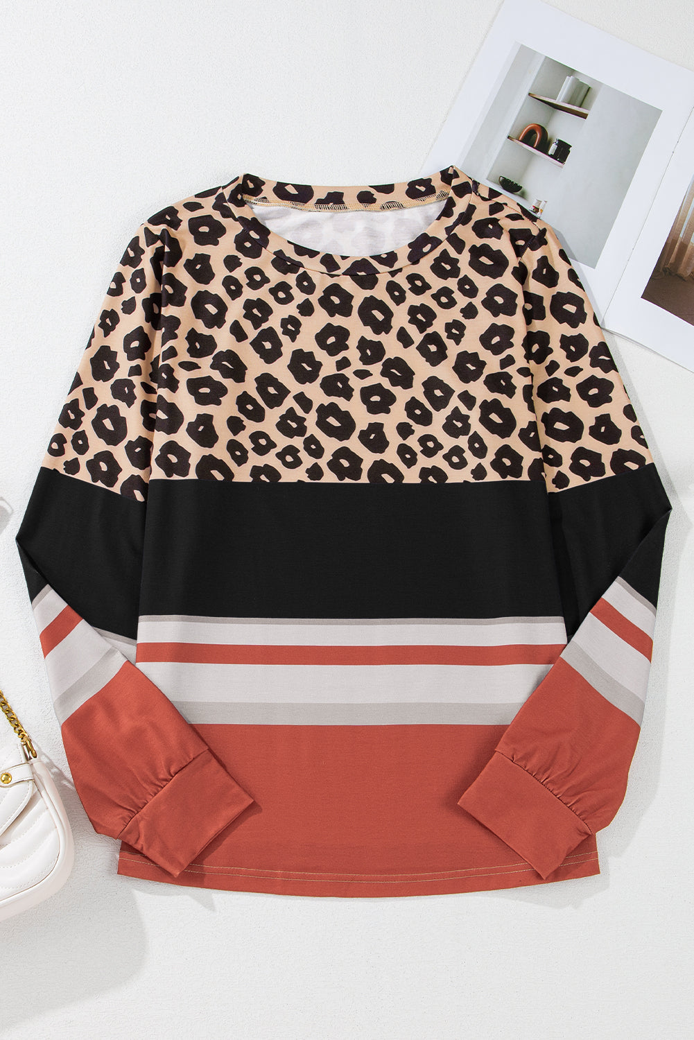 Khaki Leopard Color Block Crewneck Long Sleeve Top