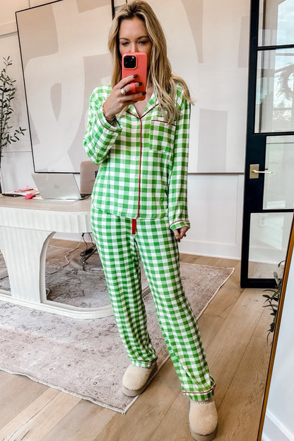 Lichtgroene kerst geruite print shirt en broek pyjamaset