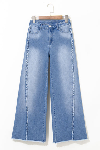 Beau Blue Vintage Stitching Rauwe zoom wijd uitlopende jeans