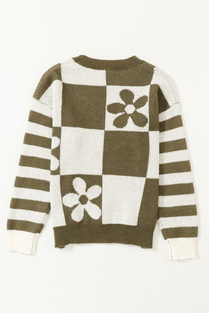 Green Checkered Floral Print Striped Sleeve Sweater