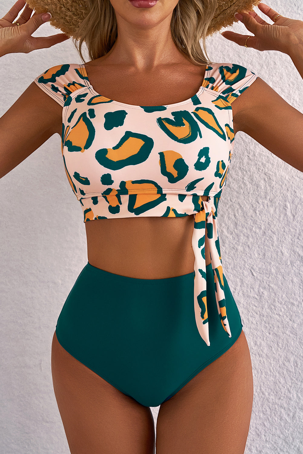 Groene luipaardprint u nek geknoopte hoge taille bikini set