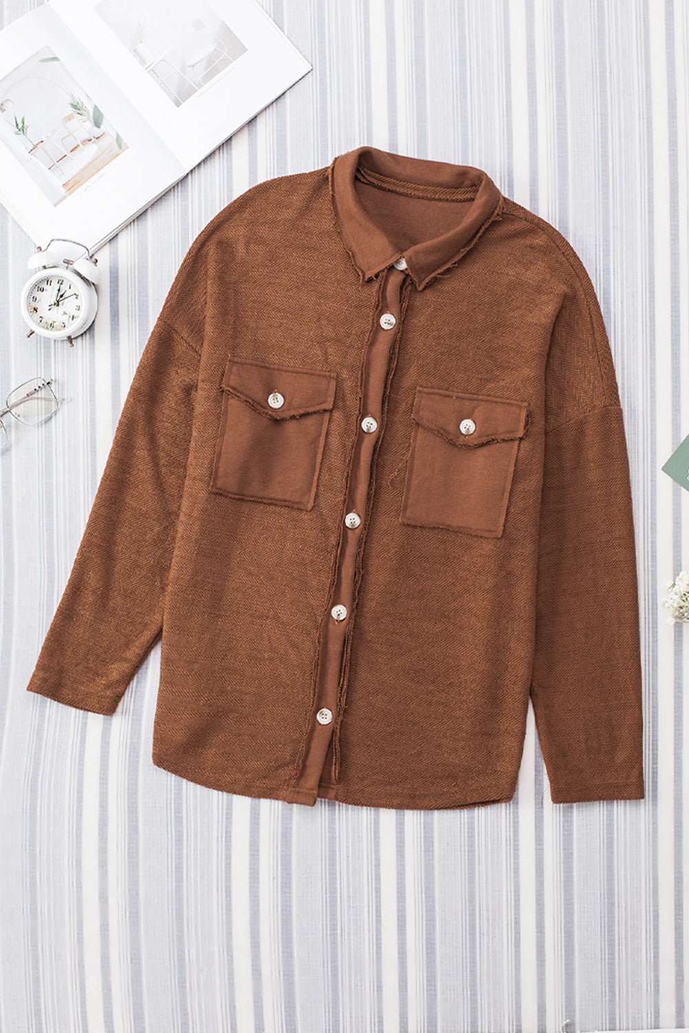 Brown Contrast Flap Pockets Relaxed Shacket