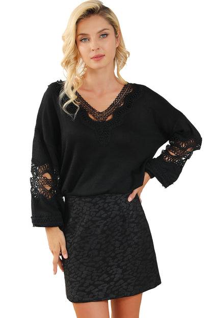 Black Hollowed Lace Splicing V Neck Loose Sweater