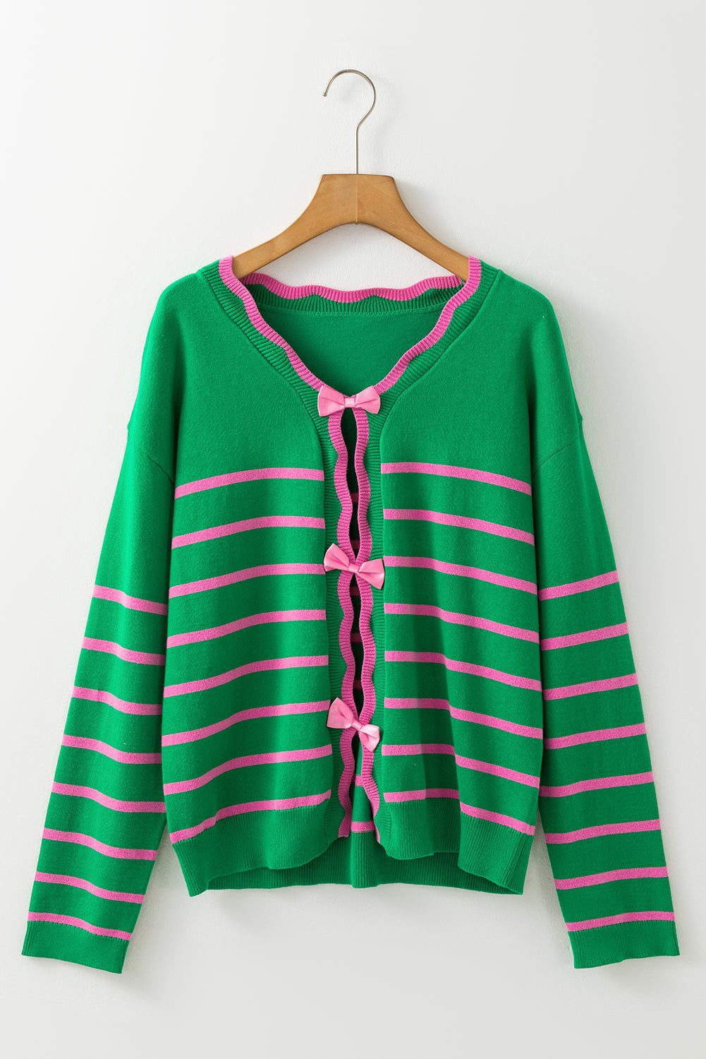 Green Stripe Ribbon Cute Bow Detail Sweater Knit Cardigan