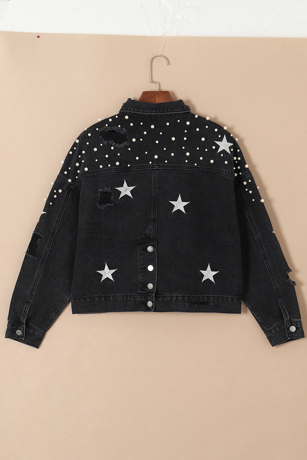 Zwart Distressed Pearls Star cropped spijkerjack