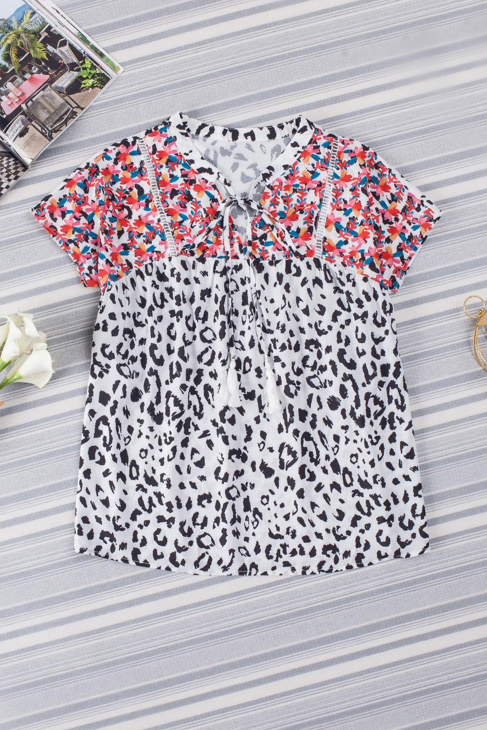 Blouse met luipaardmix en kwastjes