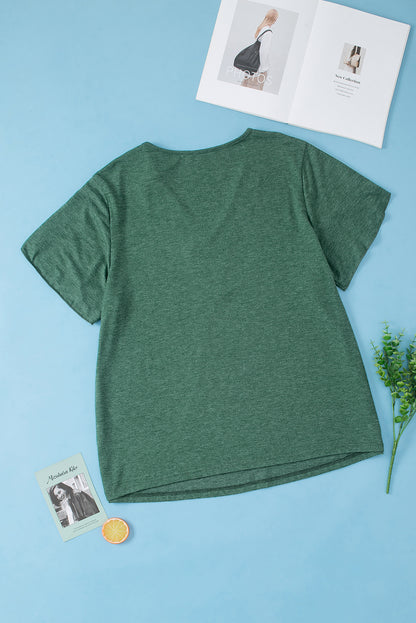 Zwartachtig groen Grote maat geborduurde blouse met V-hals en gedrapeerde mouwen