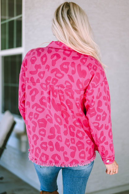 Pink Leopard Print Button Cuffs Raw Hem Jacket