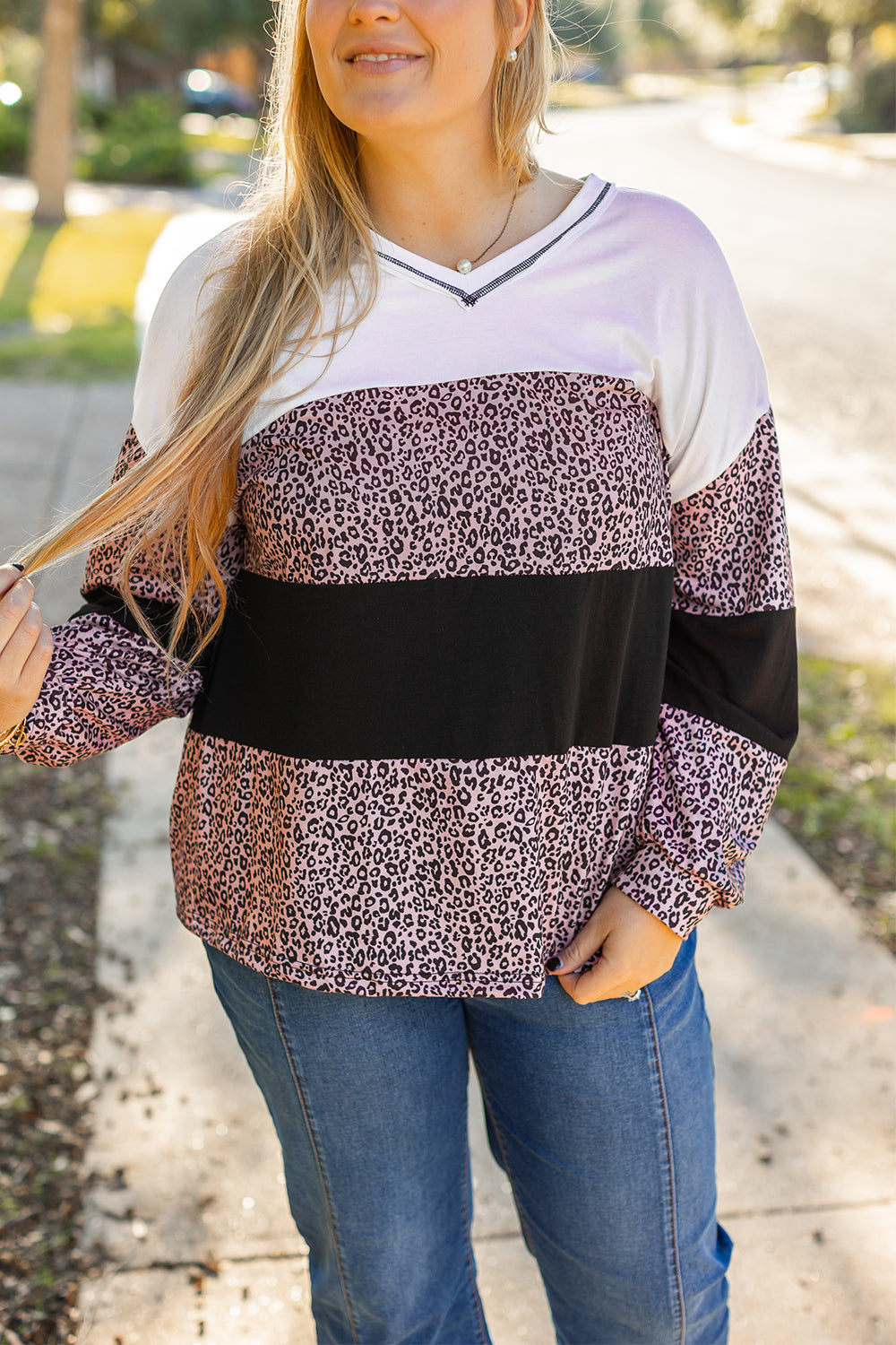 Zwart luipaardprint ColorBlock V Nek Lange mouw plus size top