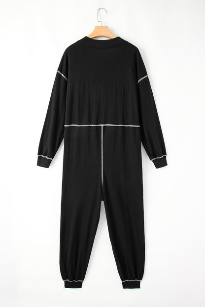 Black Flatlock Seam Detail V Neck Baggy Jumpsuit