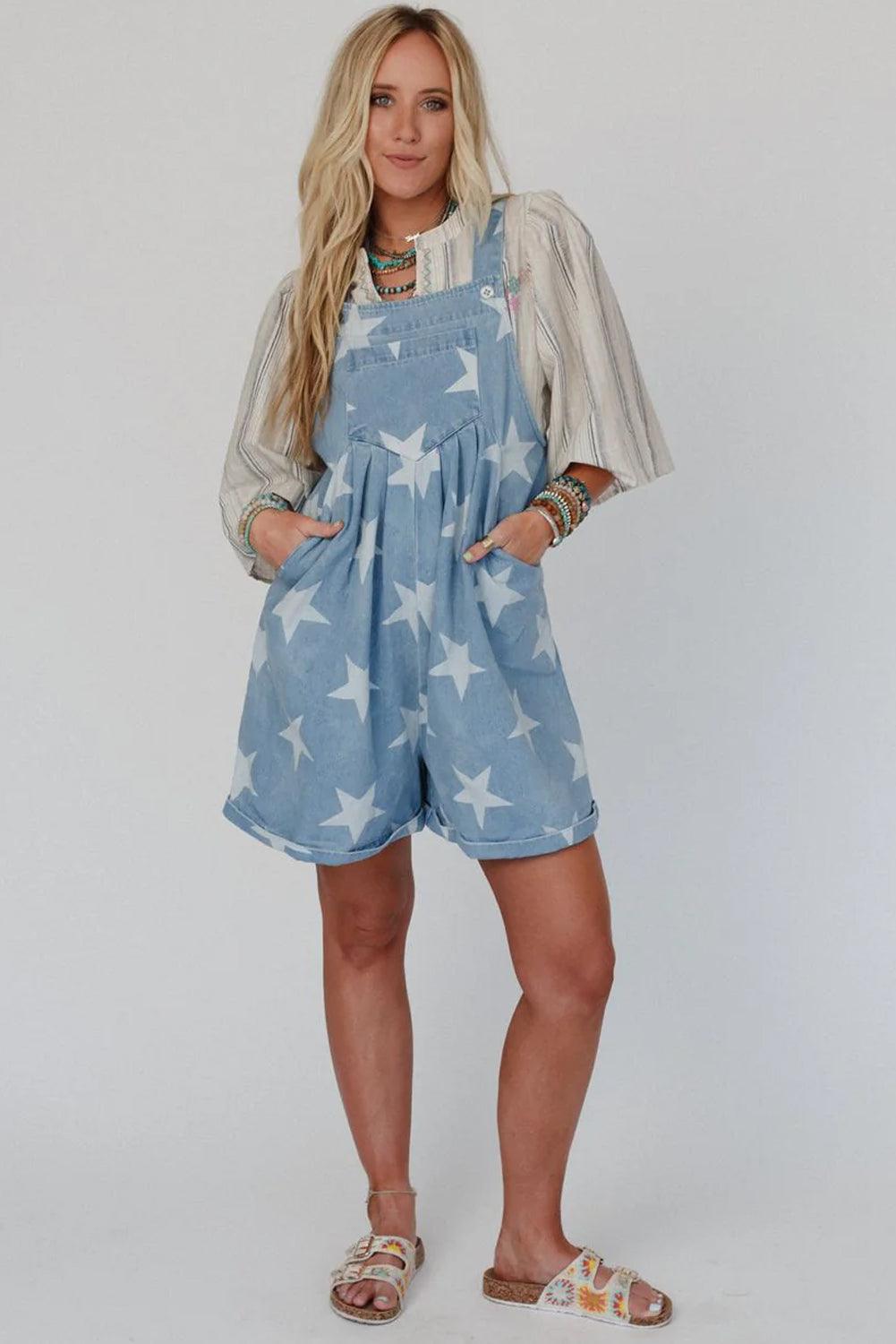 Light Blue Star Printed Buttoned Straps Pocketed Denim Romper