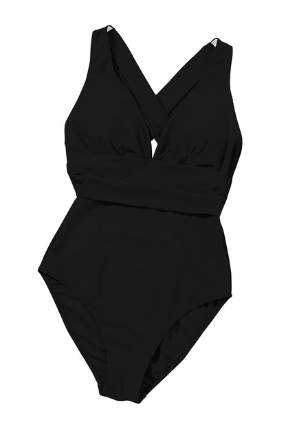 Zwarte diepe V-hals crossover backless ruches hoog uitgesneden monokini