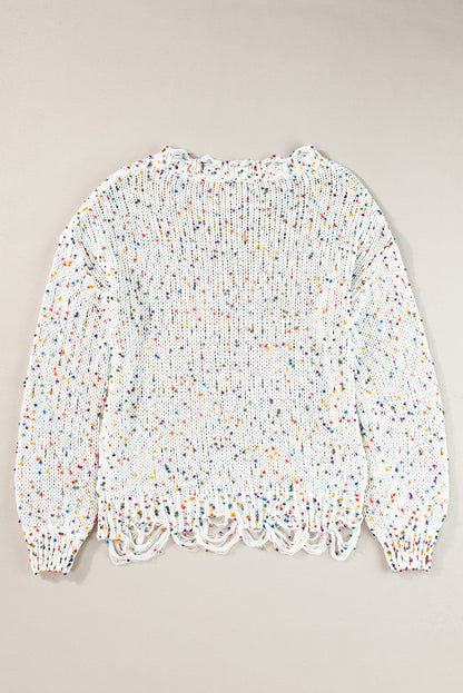 White Colorful Confetti Distressed Knit Sweater