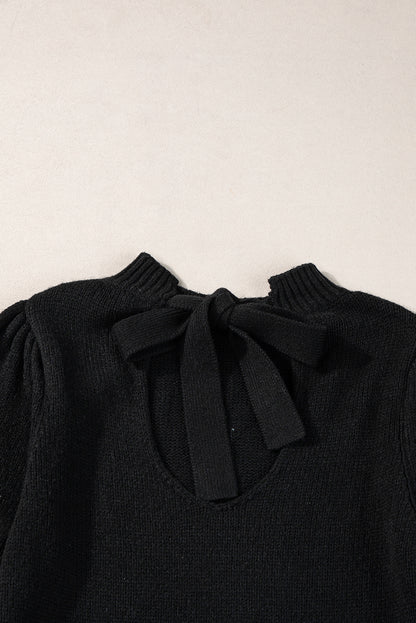 Black Knotted Keyhole Nape Short Sleeve Knit Sweater