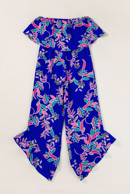 Blauwmix strapless jumpsuit met ruches en tropische print