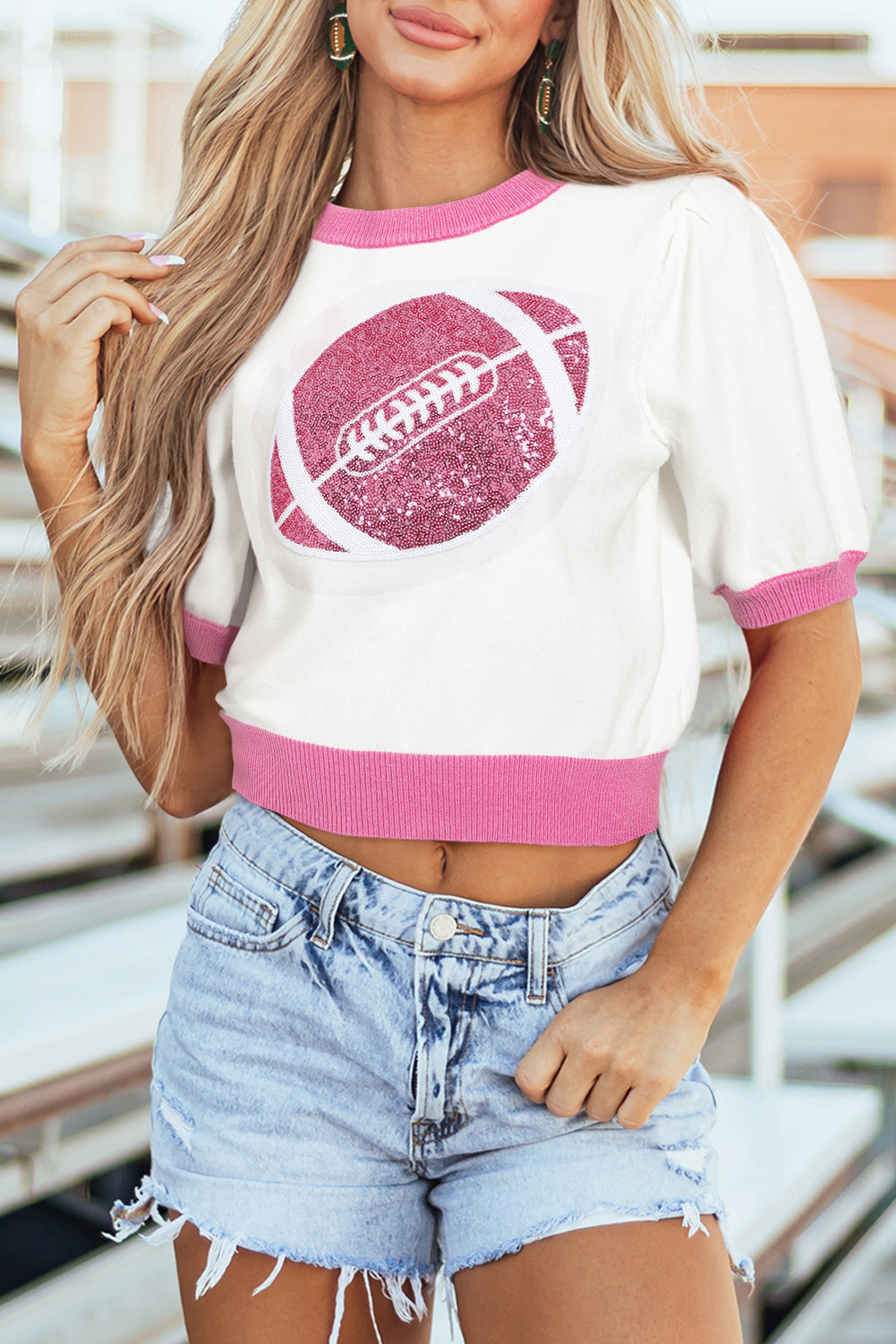 Purple Sequin Rugby Color Block Puff Short Sleeve Sweater