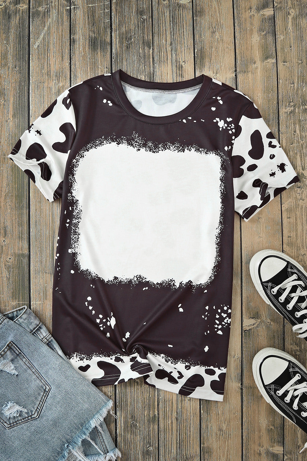 Black Tie Dye Bleached Crew Neck Short Sleeves T-shirt