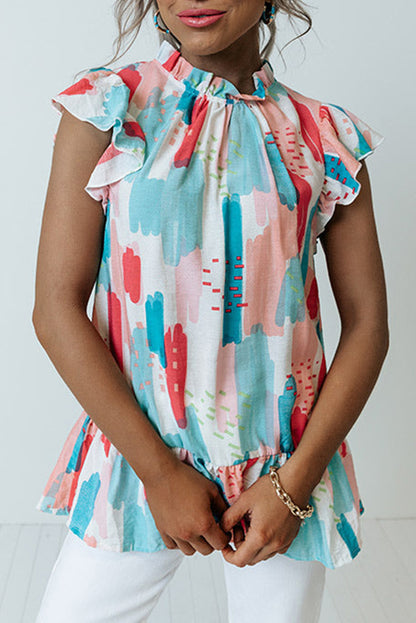 Pink Color Block Ruffled Mock Neck Ruffled Top