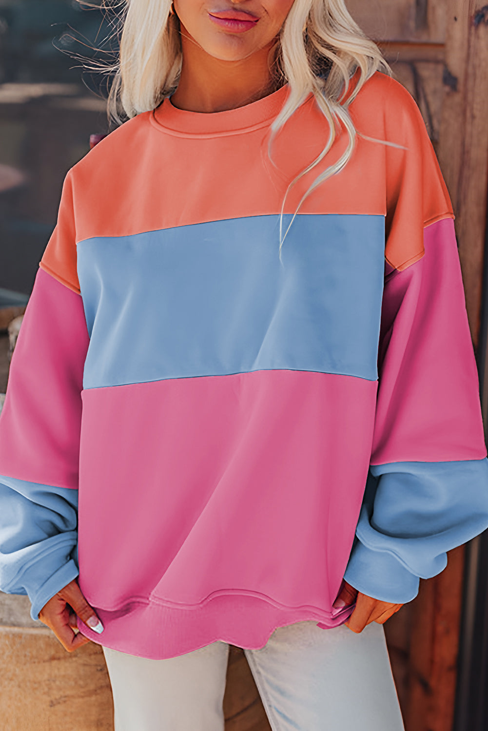 Sky Blue Colorblock Patchwork Drop Shoulder Sweatshirt