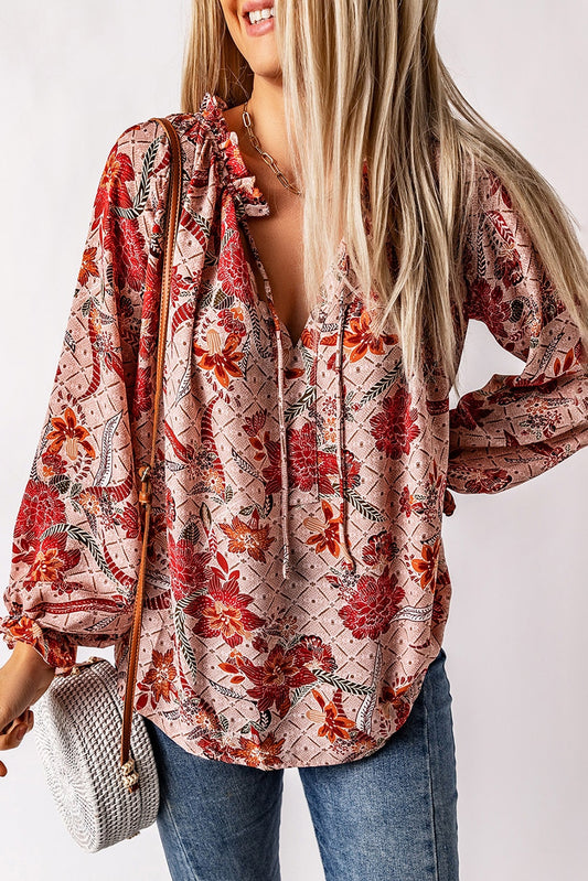 Roze blouse met split en V-hals en print