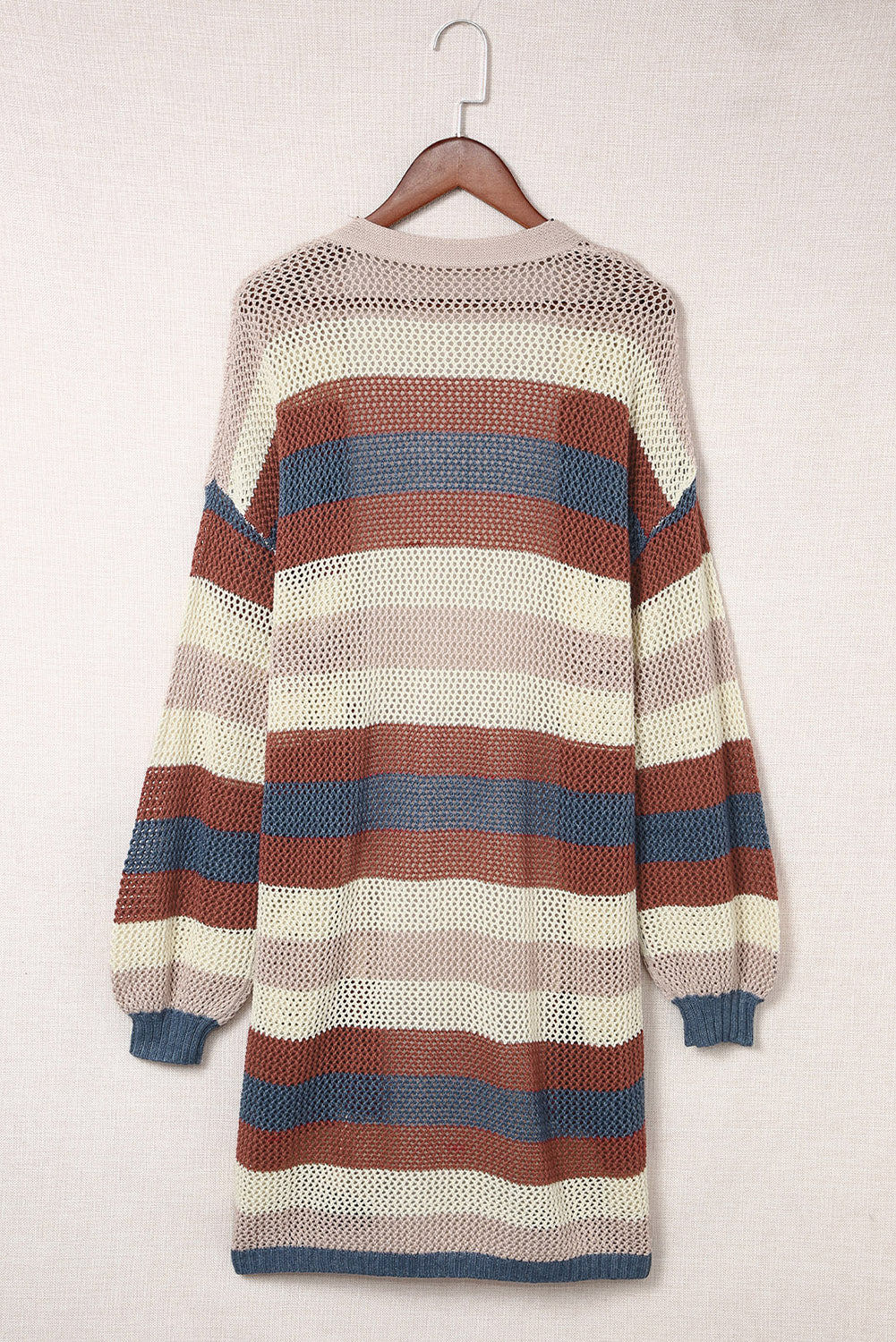 Blue Striped Color Block Hollowed Knit Cardigan