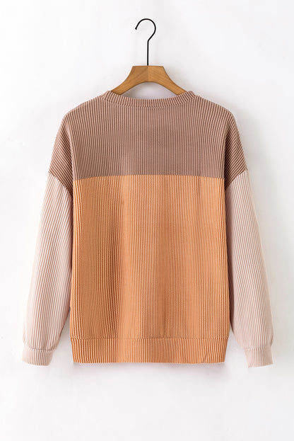 Khaki Color Block Long Sleeve Ribbed Loose Top