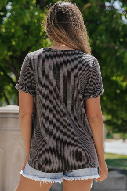 Carbon Grey Twist Short Sleeve Corded V Neck Top