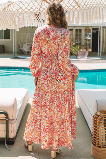 Oranje Boho Holiday Paisley-print gelaagde maxi-jurk met lange mouwen