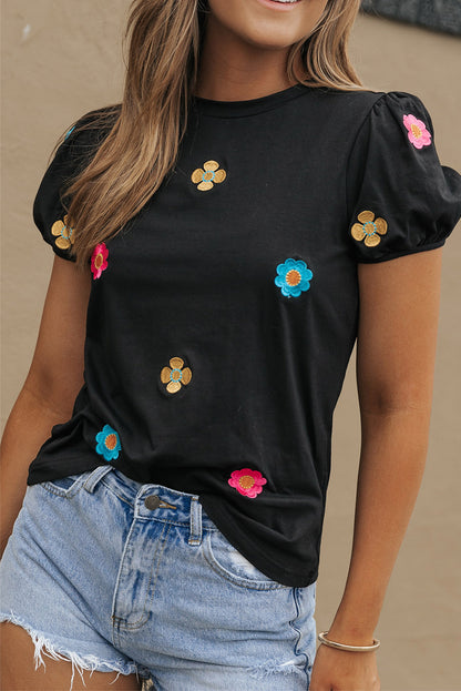 Zwart geborduurd T-shirt met korte pofmouwen en bloemen