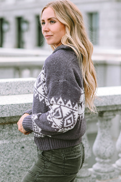 Gray Western Geometric Printed Quarter Zip Pullover Sweater