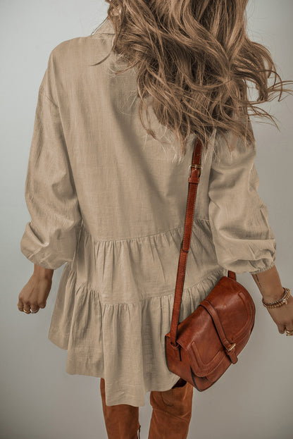 Tan Puff Sleeve Tiered Ploeged Shirt Mini Dress