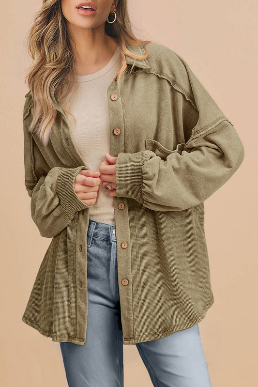 Moss Green Waffle Breat Patchwork Buttoned Oversized Shacket