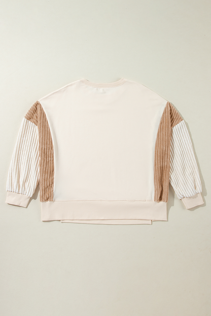 Abrikoos Corduroy Patchwork Drop Shoulder Sweatshirt met Lange Mouwen