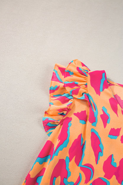 Oranje blouse met abstracte print, V-hals en ruches aan de mouwen