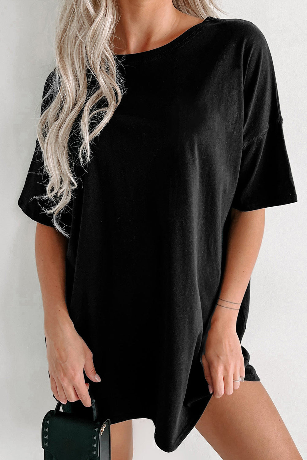 Zwart effen kleur Basic tuniek T-shirt met ronde hals