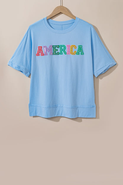 Mistblauw Sparkle America Pastel geborduurd grafisch T-shirt