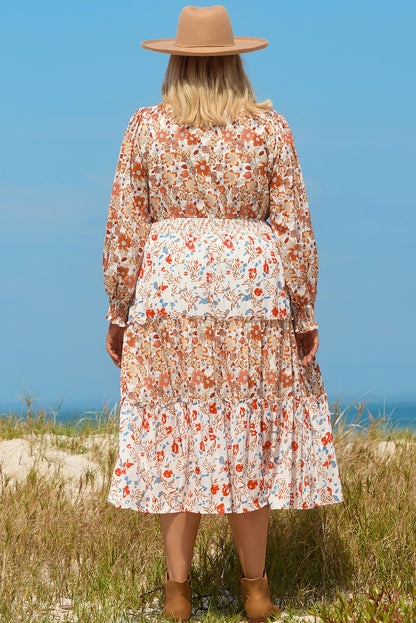 Kaki plus size floral lager ruche maxi jurk