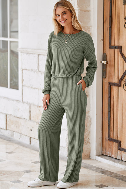 Lauriergroene effen geribbelde gebreide jumpsuit met sleutelgat aan de achterkant en hoge taille