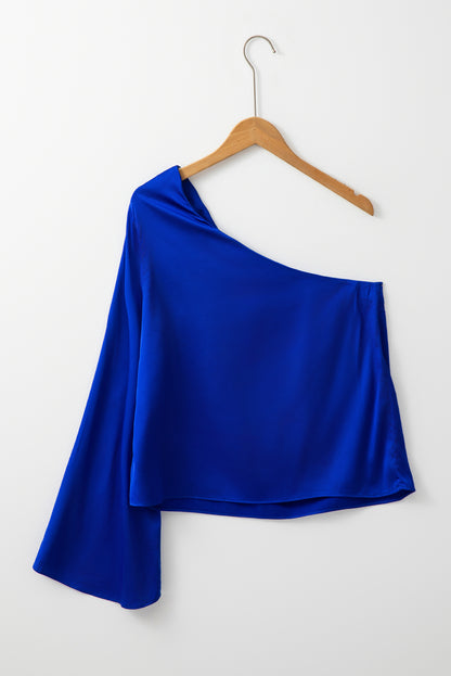 Dark Blue Asymmetric One Shoulder Bell Sleeve Satin Blouse