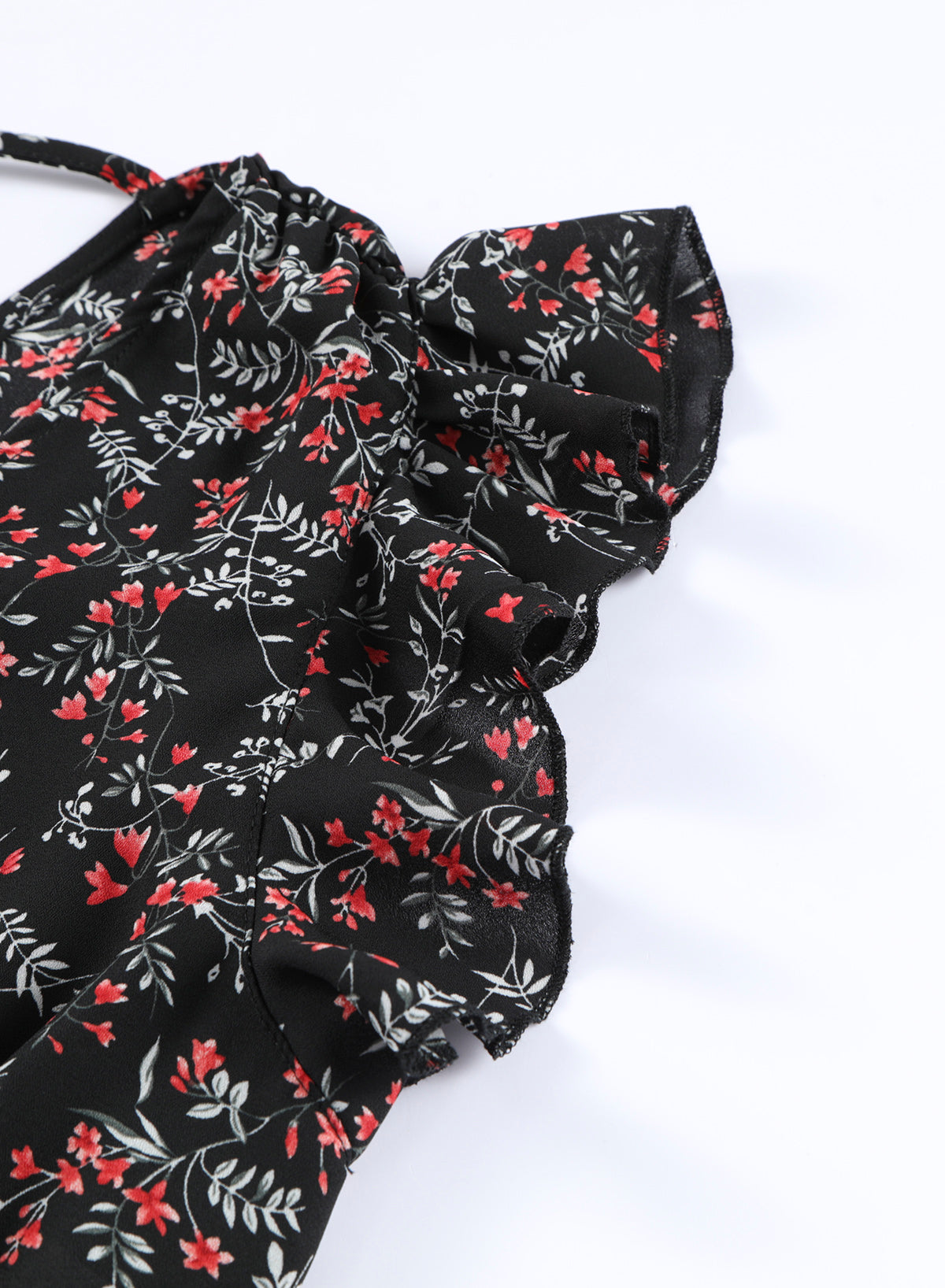 Zwart veelkleurige crop top en maxirok met bloemen en ruches