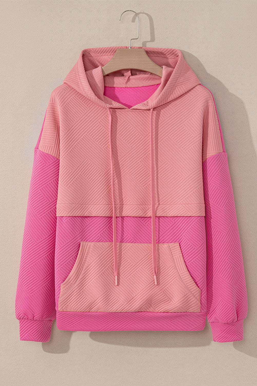 Pink Textured Color Block Kangaroo Pocket Drop Shoulder Hoodie