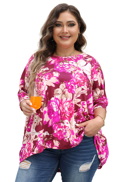 Rode grote maat blouse met bloemenprint en korte mouwen