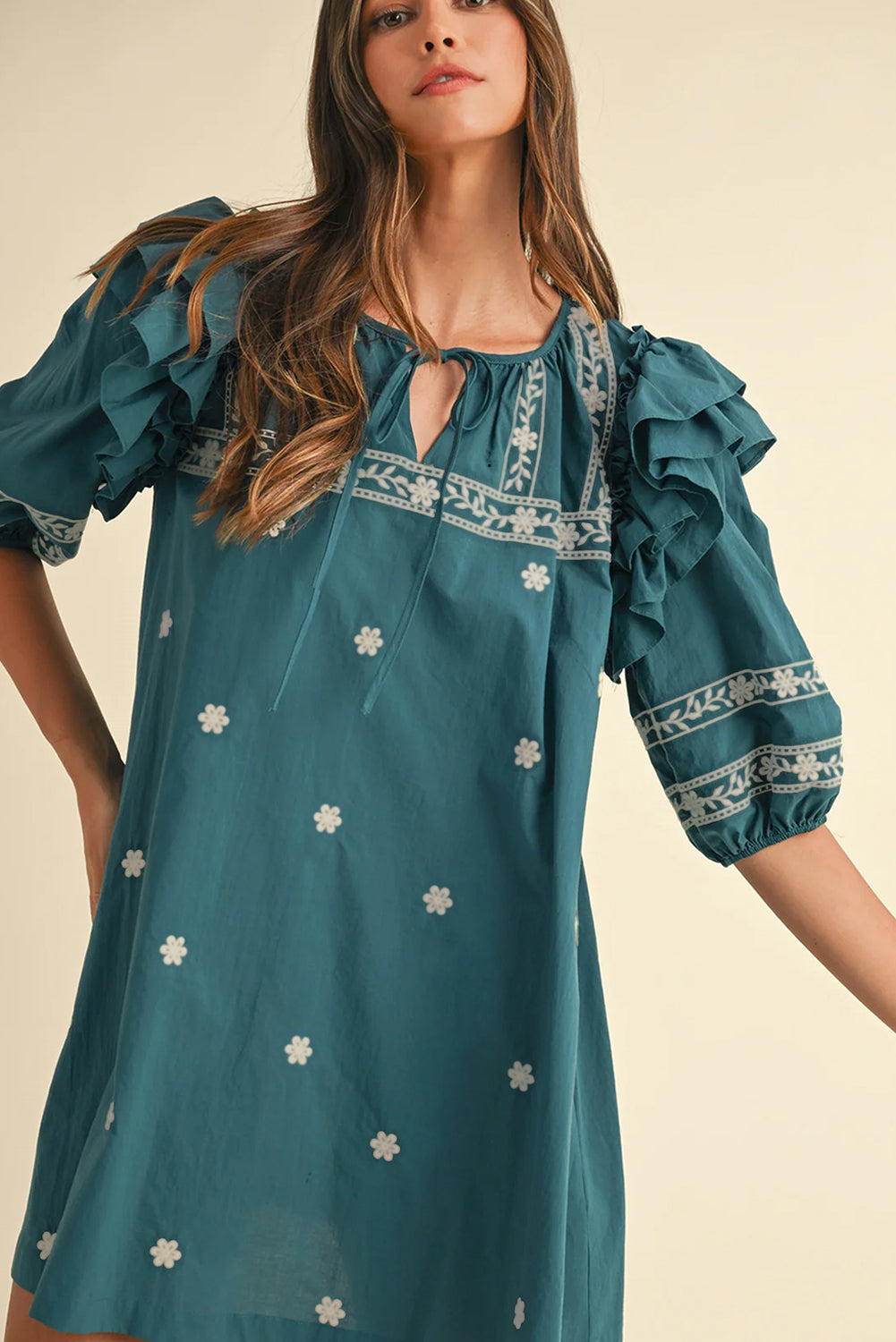 Skobeloff Boho Floral Ruffle Puff Sleeve Lace-Up V Neck Mini Dress