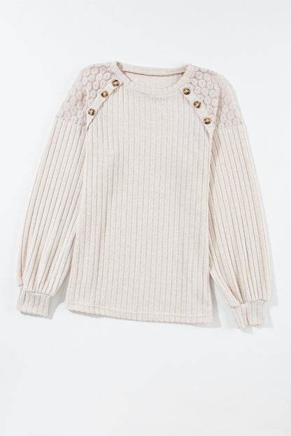 Parchment Contrast Lace Raglan Sleeve Buttoned Ribbed Top