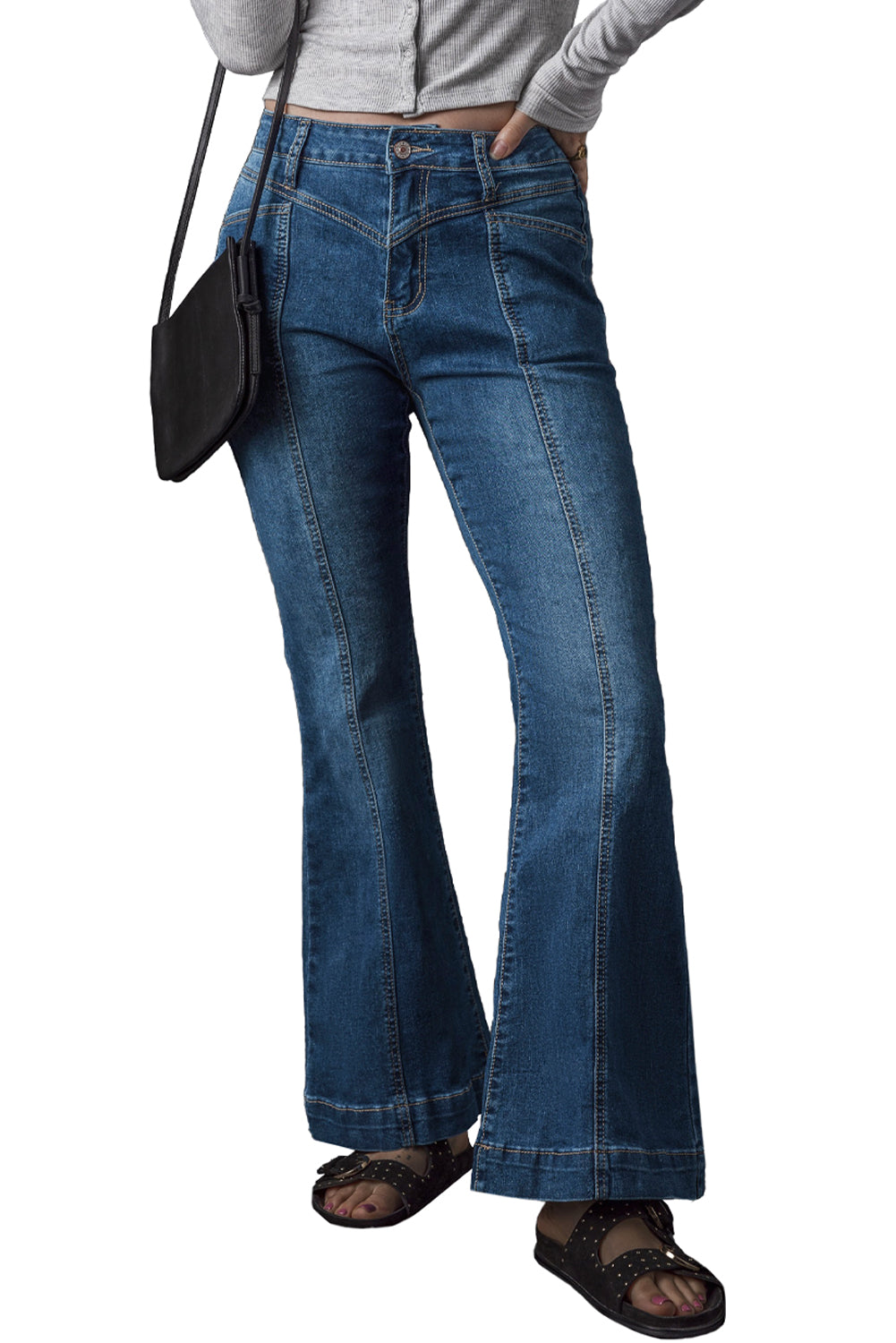 Blauwe zakflare-jeans met hoge taille en stiksels