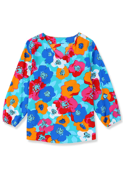 Multicolor Floral Print V Neck 3/4 Sleeve Blouse