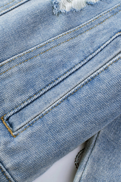 Hemelsblauw, met pailletten verfraaid denim jack met franjes