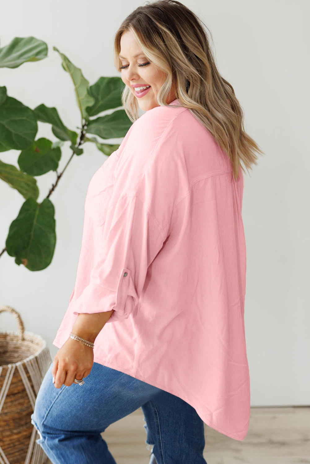 Roze overhemd met klepzak, tab-mouw, button-down en grote maat